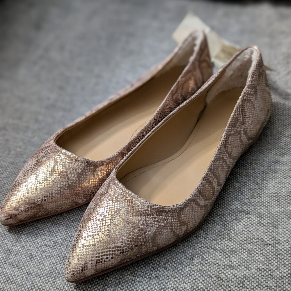 UGG Collection Leather Ballet Flats Gold Linda Metallic Snake Slip-On Italy NWT